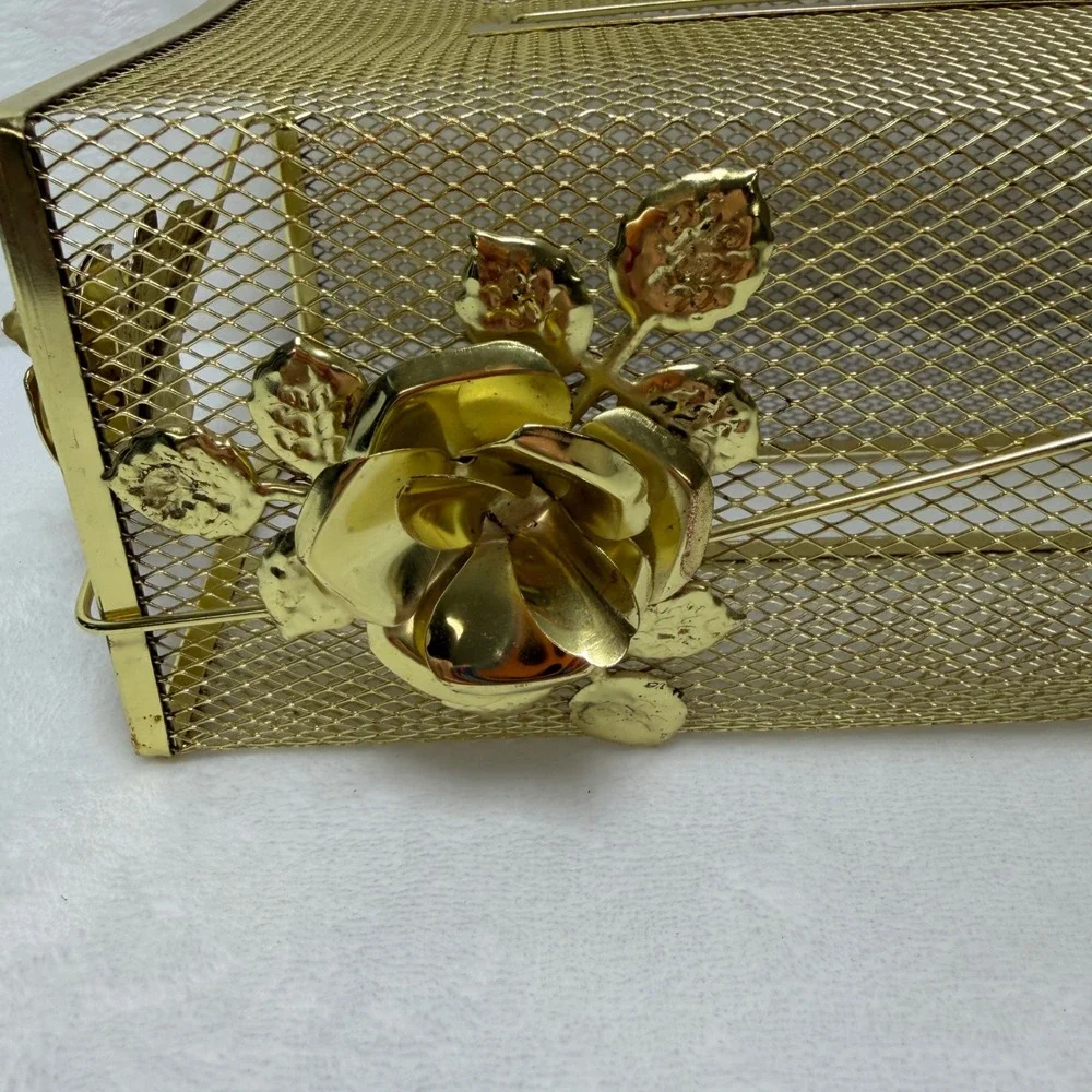 VTG‎ Gold Tone Mesh Tissue Box Cover Holder Hollywood Regency Rose Floral Metal